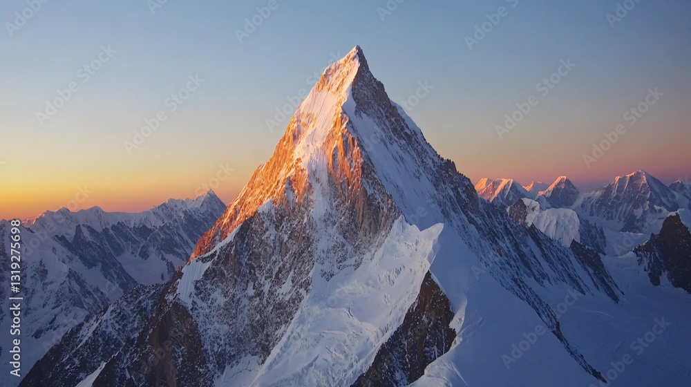 Obraz premium Majestic mountain summit at sunrise, snow-capped peak reflecting warm hues, emphasizing nature's grandeur, ideal for adventure themes.