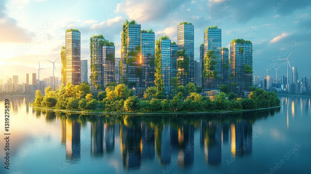 Fototapeta premium Sustainable city island with lush greenery and modern skyscrapers reflecting on tranquil water, surrounded by wind turbines