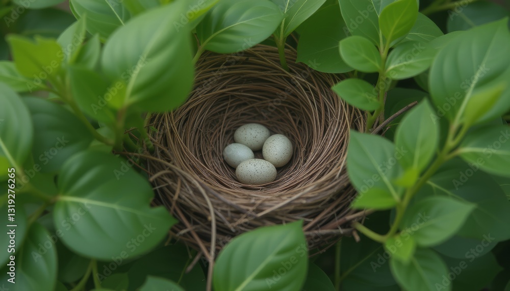 Nest with speckled eggs cradled in a bed of green leaves Nest with speckled eggs cradled in a bed of green leaves