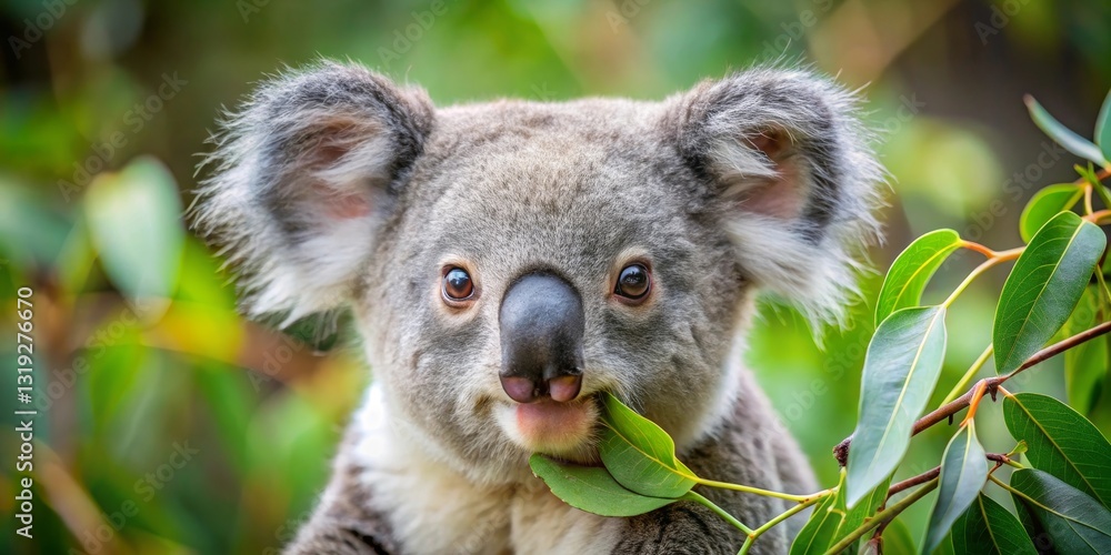 Fototapeta premium A close-up portrait of a young koala peacefully enjoying its eucalyptus leaves amidst a vibrant green foliage