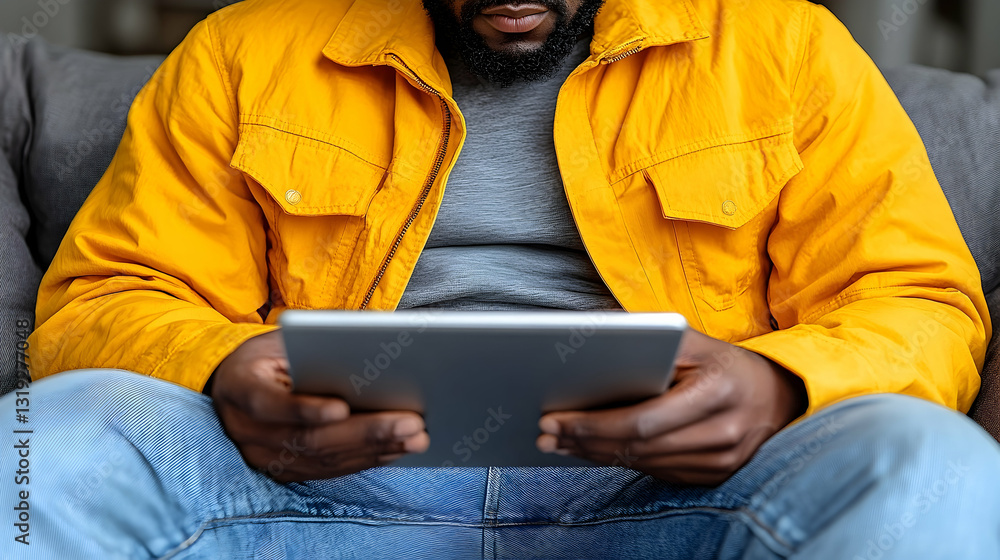 Man sits on sofa, using tablet. Relaxed pose, casual attire Man sits on sofa, using tablet. Relaxed pose, casual attire
