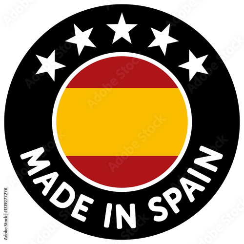 Insignia, pegatina o icono de 'Made in Spain' que simboliza la calidad y el origen de los productos españoles. Vector ligero y escalable para la web. Fondo en negro. Alta resolución.