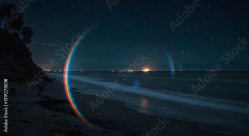 Beautiful nighttime beach scene showcases a rainbow arch above calm ocean waters under a starry sky near a coastal town with distant lights twinkling Generative AI