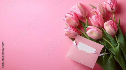 A soft pink flat lay featuring tulips, an envelope, and a card, perfect for Mother's Day, Women's Day, or romantic invitations, embodying spring elegance.