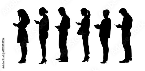 Silhouettes of Different business people standing full length in line queue side view. Monochrome black vector isolated of men, women with gadgets, phones, tablet. Chatting, texting, watching news.