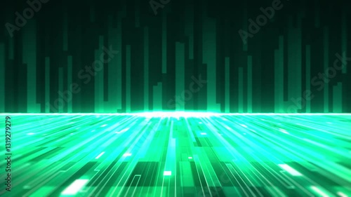 green abstract background with glowing rays and wave patterns in a digital design