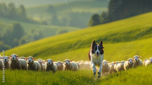 Skilled border collie herds sheep in scenic farm trial