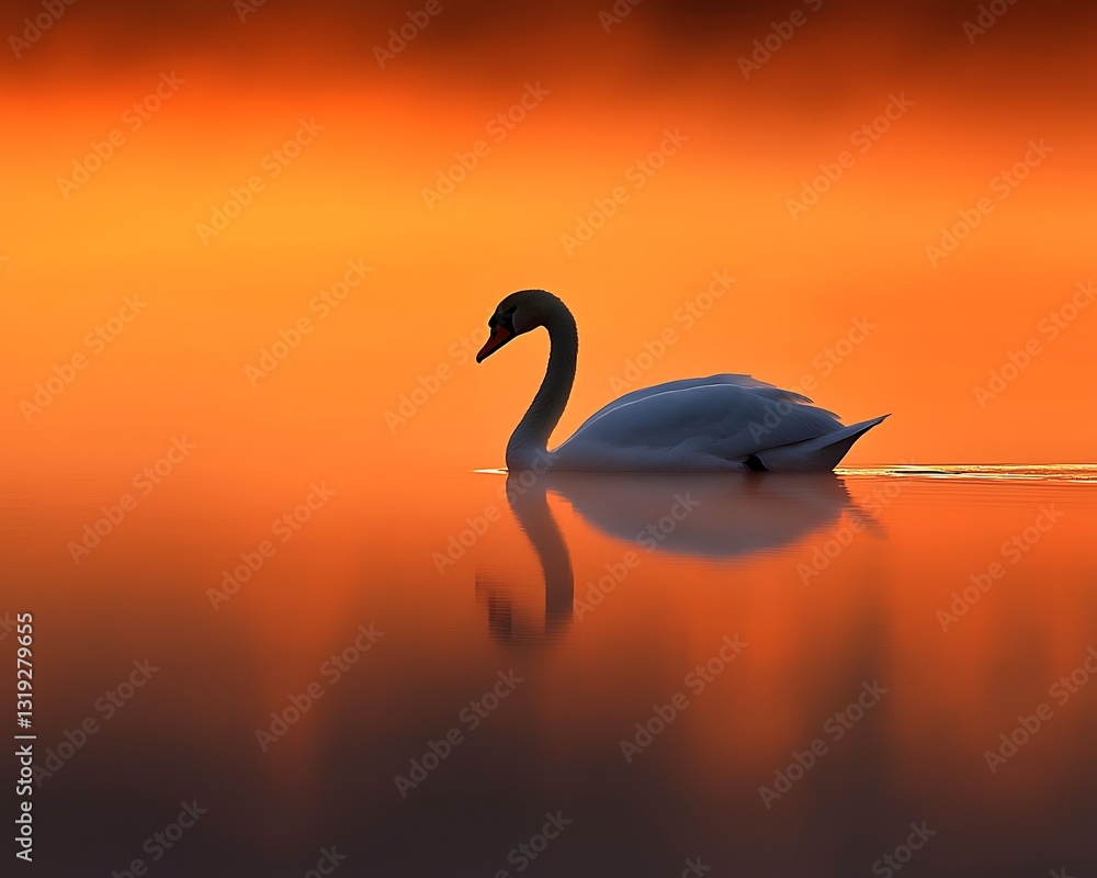 Fototapeta premium Graceful Swan Sunset Water Reflection Wildlife Nature Peace