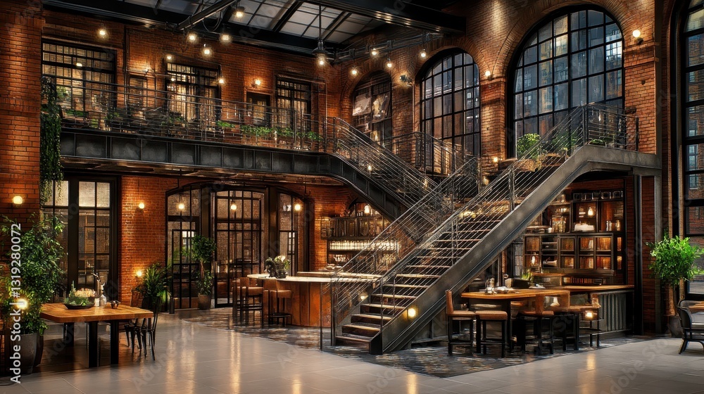 Fototapeta premium Industrial Loft Interior Design Featuring Metal Staircase and Brick Walls