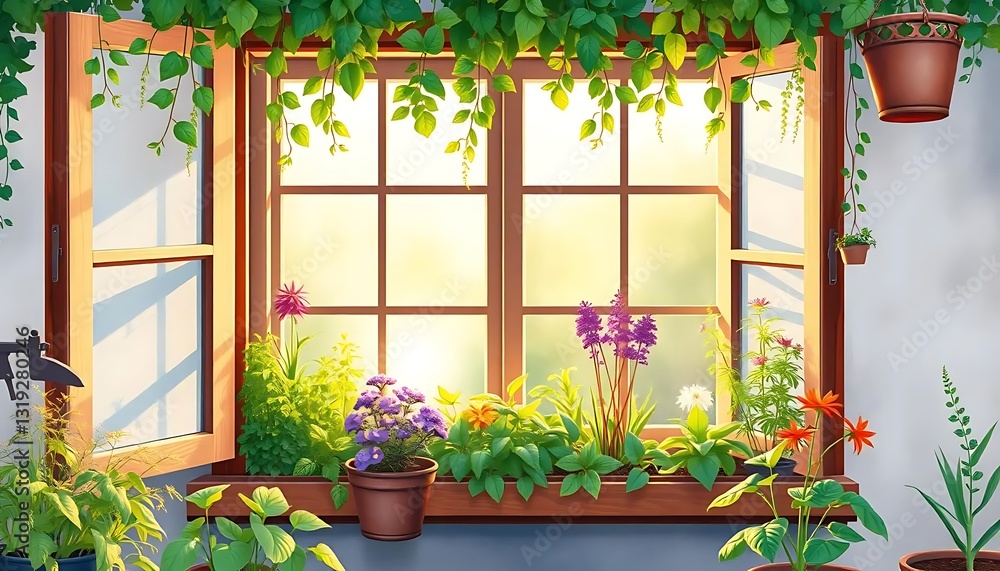 Bright and Serene Window with Colorful Flowers and Lush Green Plants Bathed in Soft Morning Light Bright and Serene Window with Colorful Flowers and Lush Green Plants Bathed in Soft Morning Light