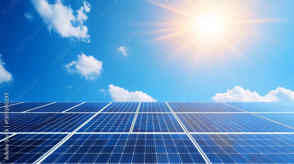 Sun-soaked solar panels, blue sky with scattered clouds, renewable energy theme, clean power generation focus. Sun-soaked solar panels, blue sky with scattered clouds, renewable energy theme, clean power generation focus.