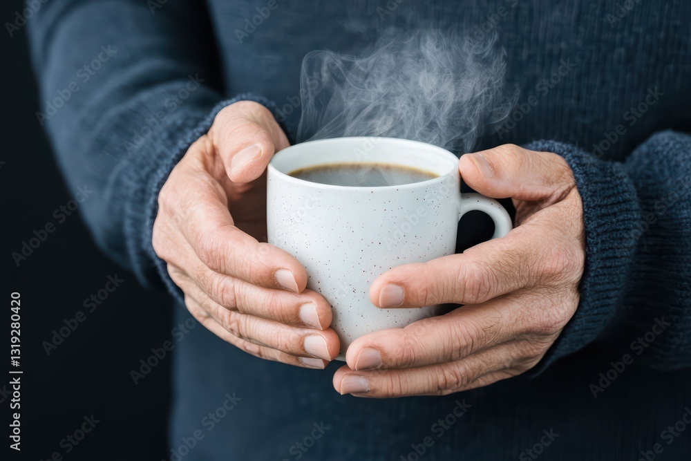 Man Holding Steaming Hot Coffee Cup with Warm Hands in Cozy Sweater Against Dark Background Man Holding Steaming Hot Coffee Cup with Warm Hands in Cozy Sweater Against Dark Background