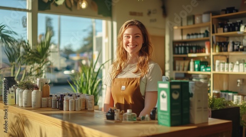 Wallpaper Mural Happy shop owner smiling at the counter of her healthy store Torontodigital.ca