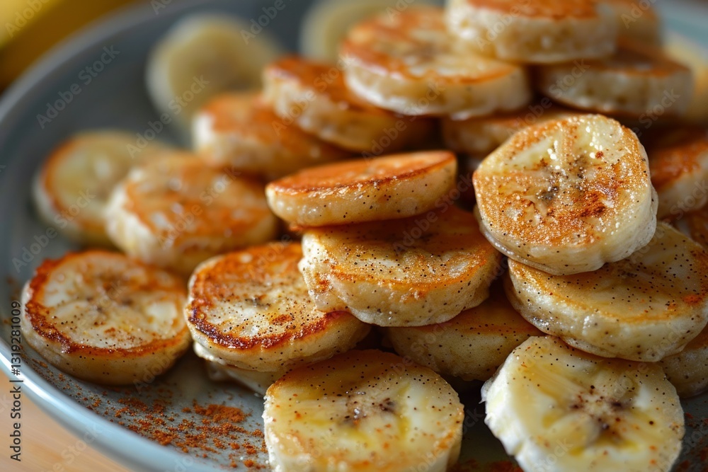 Banana pancakes with cinnamon on plate, warm tones. Neural network AI generated Banana pancakes with cinnamon on plate, warm tones. Neural network AI generated