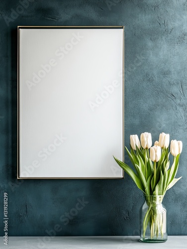 Blank vertical frame mock up on textured dark wall with vase of white tulips on table
