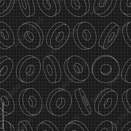 Mechanical engineering drawings on black background. Cutter, assembly tool with replaceable multi-faceted plate. Technical Design. Cover. Blueprint. Vector illustration. Seamless pattern.