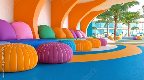 Vibrant Lounge Area with Colorful Seating and Tropical Greenery in Modern Interior Design