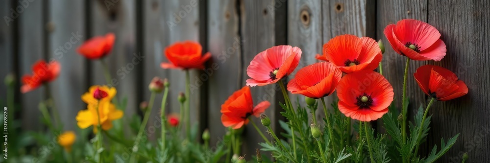 Obraz premium A bundle of fresh picked poppies against a rustic wooden fence in England, pink, yellow