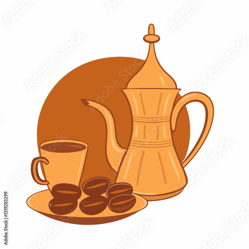 Metal pot with  long spout Traditional Arabic coffee mug and coffee cups vector  illustration