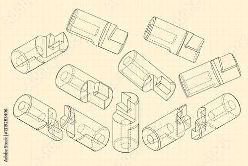 Mechanical engineering drawings on sepia background. Cutter, assembly tool with replaceable multi-faceted plate. Technical Design. Cover. Blueprint. Vector illustration.