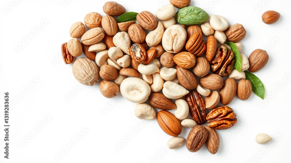 Aesthetic arrangement of nuts and leaves on a clean white background highlighting natural beauty Aesthetic arrangement of nuts and leaves on a clean white background highlighting natural beauty