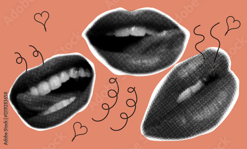 Halftone lips set with tongue for collage design