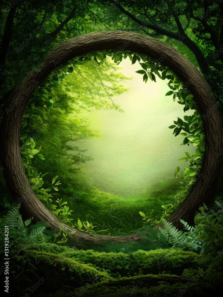 Fototapeta premium A mystical forest scene framed by a circular tree, featuring lush greenery and soft light, evoking tranquility and exploration.