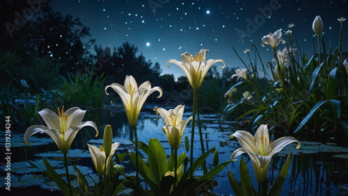 serene night scene with white lilies by the water under a starry sky