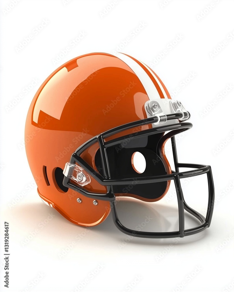 Fototapeta premium Orange Football Helmet: A close-up shot of a glossy orange football helmet, showcasing its sleek design and protective features, symbolizing the intensity and spirit of the game.