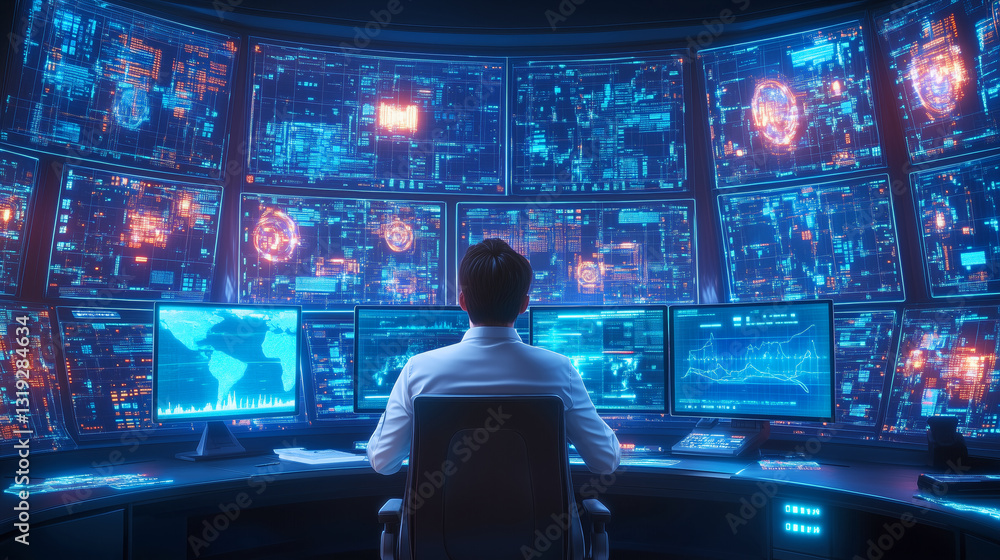 Technology analyst monitoring data trends and analytics in a high-tech control room during nighttime hours Technology analyst monitoring data trends and analytics in a high-tech control room during nighttime hours