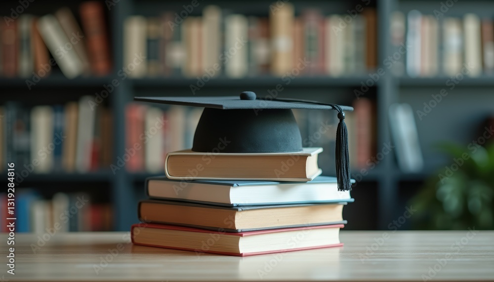 Fototapeta premium Black graduation cap on stacked books in library. Education, academic success and graduation day concept. Banner fot colleges and university life. Happy students with excellence