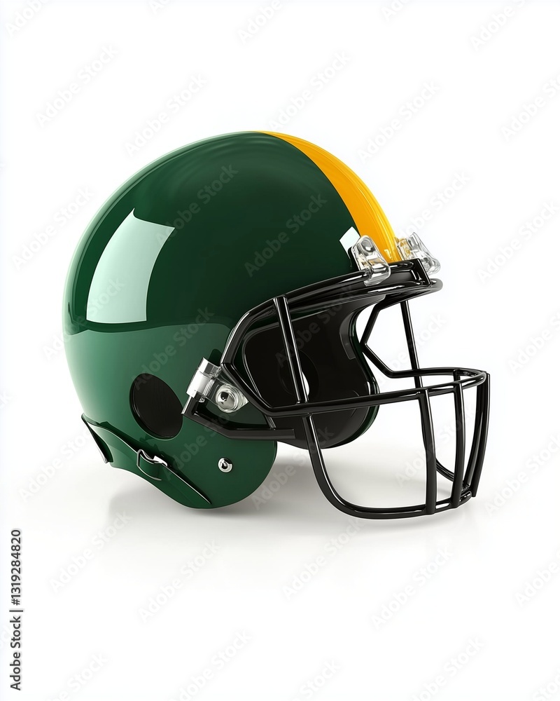 Fototapeta premium Football Helmet: A close-up shot of a modern American football helmet in bright green and yellow, showing its protective design and robust build.