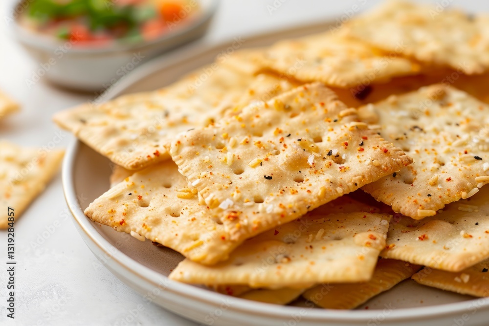 Spicy crackers on plate with salsa and herbs. Neural network AI generated Spicy crackers on plate with salsa and herbs. Neural network AI generated