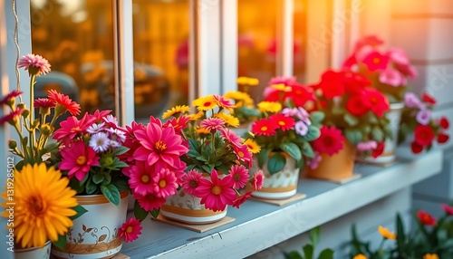 Wallpaper Mural Vibrant Flower Pots on a Sunny Windowsill Showcasing Beautiful Colorful Blooms in Natural Light Torontodigital.ca