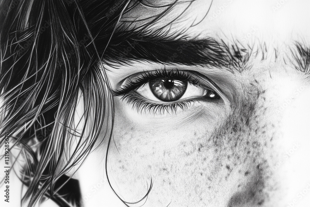 Fototapeta premium Black and white close-up of a young man's eye with freckles