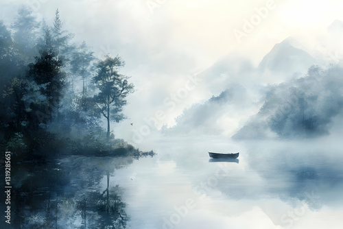 Early morning mist drifts over a calm lake, creating a dreamlike, peaceful setting