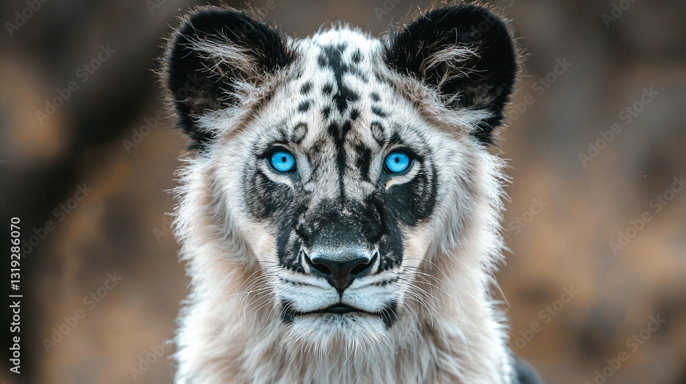 Obraz premium Majestic black-and-white lion with piercing blue eyes, a symbol of rare beauty and untamed wilderness.