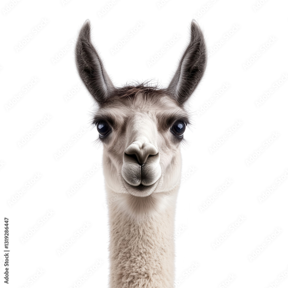 Fototapeta premium Llama Portrait: A captivating close-up portrait of a llama, showcasing its distinctive features against a seamless backdrop.