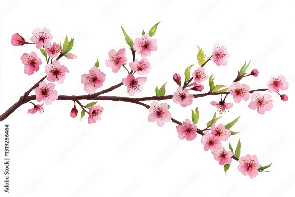 Obraz premium Watercolor Illustration of Blooming Cherry Blossom Branch with Fresh Pink Flowers and Green Leaves