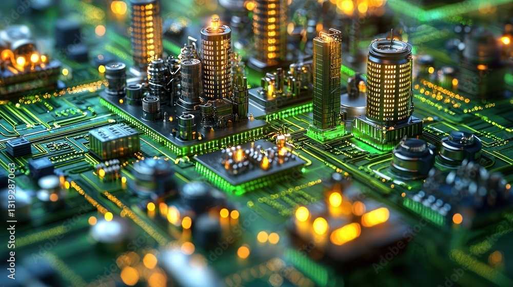 Obraz premium Futuristic city integrated onto a complex electronic circuit board landscape