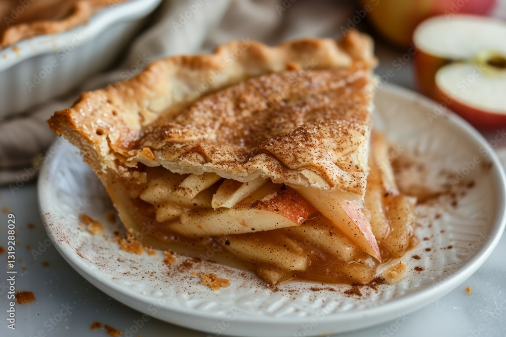 Slice of fresh apple pie on ceramic plate with cinnamon. Neural network AI generated Slice of fresh apple pie on ceramic plate with cinnamon. Neural network AI generated