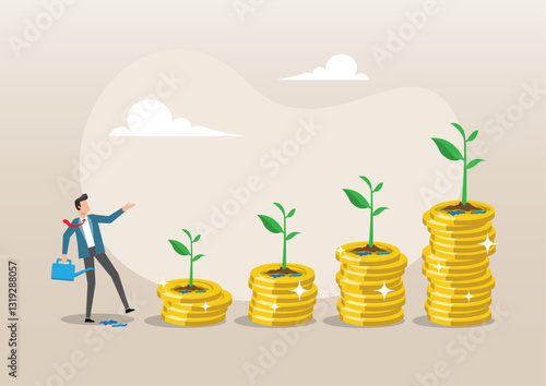 A businessman watering growing coin stack seedling growth