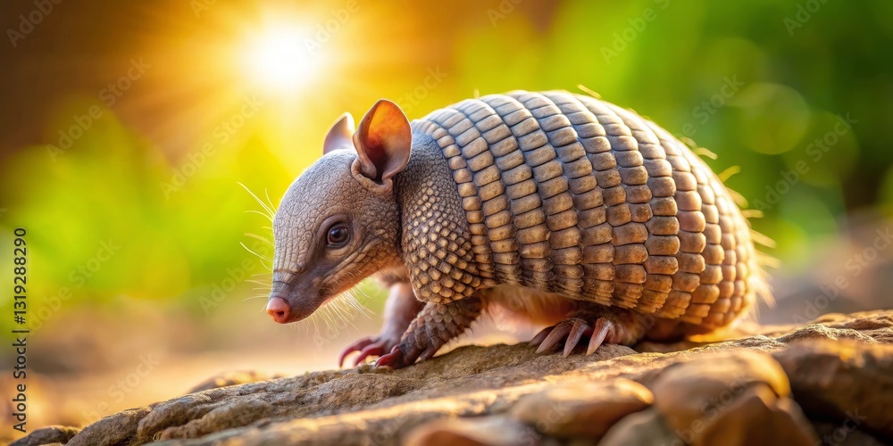 Obraz premium A young armadillo carefully navigates a rocky terrain at sunset, its armored shell gleaming in the golden light, a testament to nature's resilience and beauty.