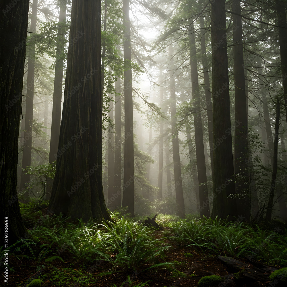Obraz premium A mystical foggy forest with towering trees and lush ferns, illuminated by beams of sunlight filtering through the dense canopy, creating an enchanting and serene atmosphere.
