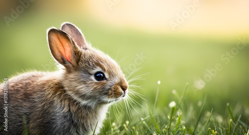 春の草原で佇むウサギ - 小さな野生の命