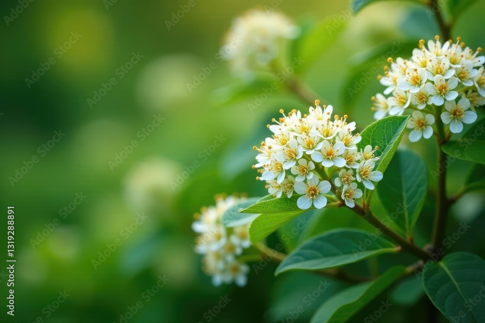 Dense clusters of small white flowers on a deciduous shrub,, Landscape Dense clusters of small white flowers on a deciduous shrub,, Landscape