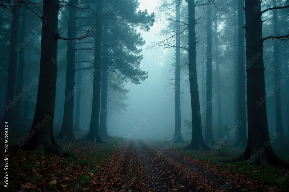 Obraz premium Dense foggy forest with ironwood trees in mist, tree, forest, nature