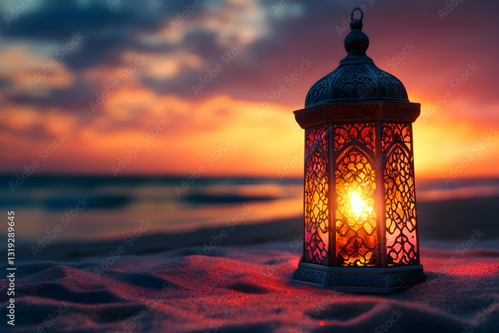 Elegant Arabic Lamp Glowing on Sand, Illuminated by a Beautiful Sunset Elegant Arabic Lamp Glowing on Sand, Illuminated by a Beautiful Sunset