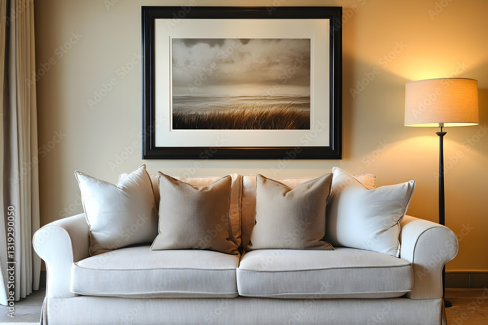 Fototapeta premium Elegant decor featuring a framed artwork and a cozy sofa