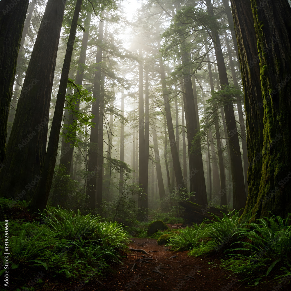 Obraz premium A mystical foggy forest with towering trees and lush ferns, illuminated by beams of sunlight filtering through the dense canopy, creating an enchanting and serene atmosphere.